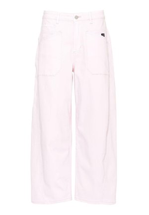 Pantaloni cu picioare largi din denim roz deschis, cu talie înaltă, două buzunare frontale și un eticheta pe buzunarul din spate. Design și detalii minimaliste.