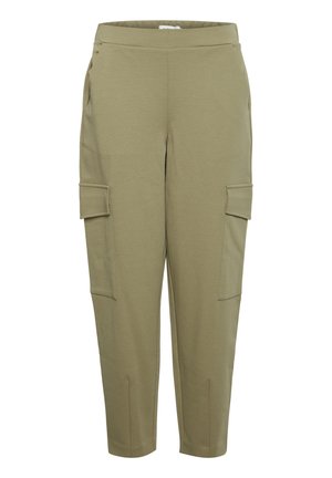 Pantaloni cargo verde oliva realizzati in tessuto morbido, dotati di cintura elastica, tasche laterali e un design con gamba affusolata.