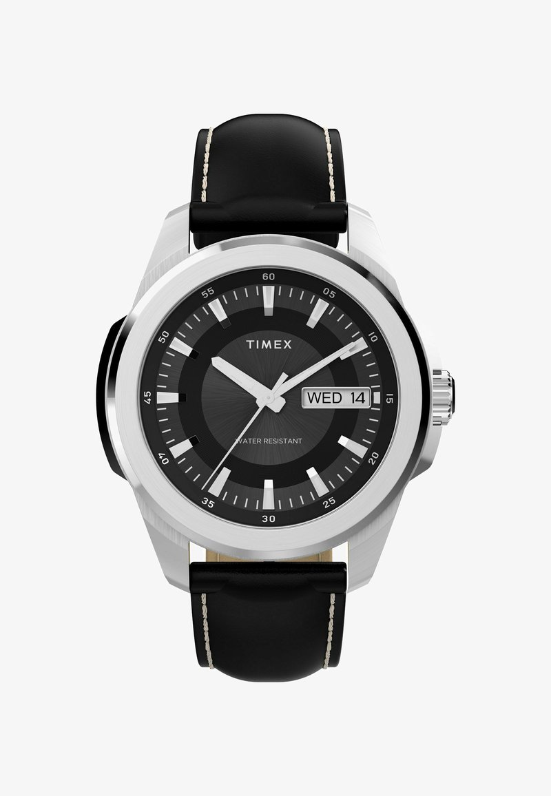 Náramkové hodinky Timex se stříbrným pouzdrem z nerezové oceli, černým ciferníkem a černým koženým řemínkem. Mezi funkce patří zobrazení data a voděodolnost.