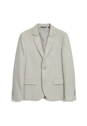 Lichtbeige blazer met enkele knoop, notch-revers, borstpaspelzak, twee voorzakken met klep en knoopdetails op de mouwen.