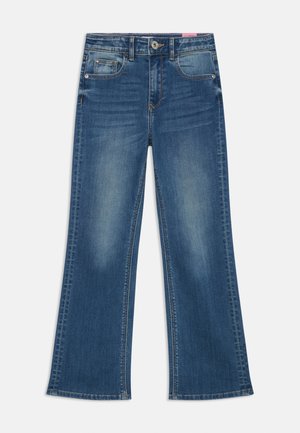 Röhrenjeans aus Denim in Mittelblau mit einer sanften Waschung, ausgestattet mit vier Taschen, einem Knopfverschluss und dezenten Stichdetails.