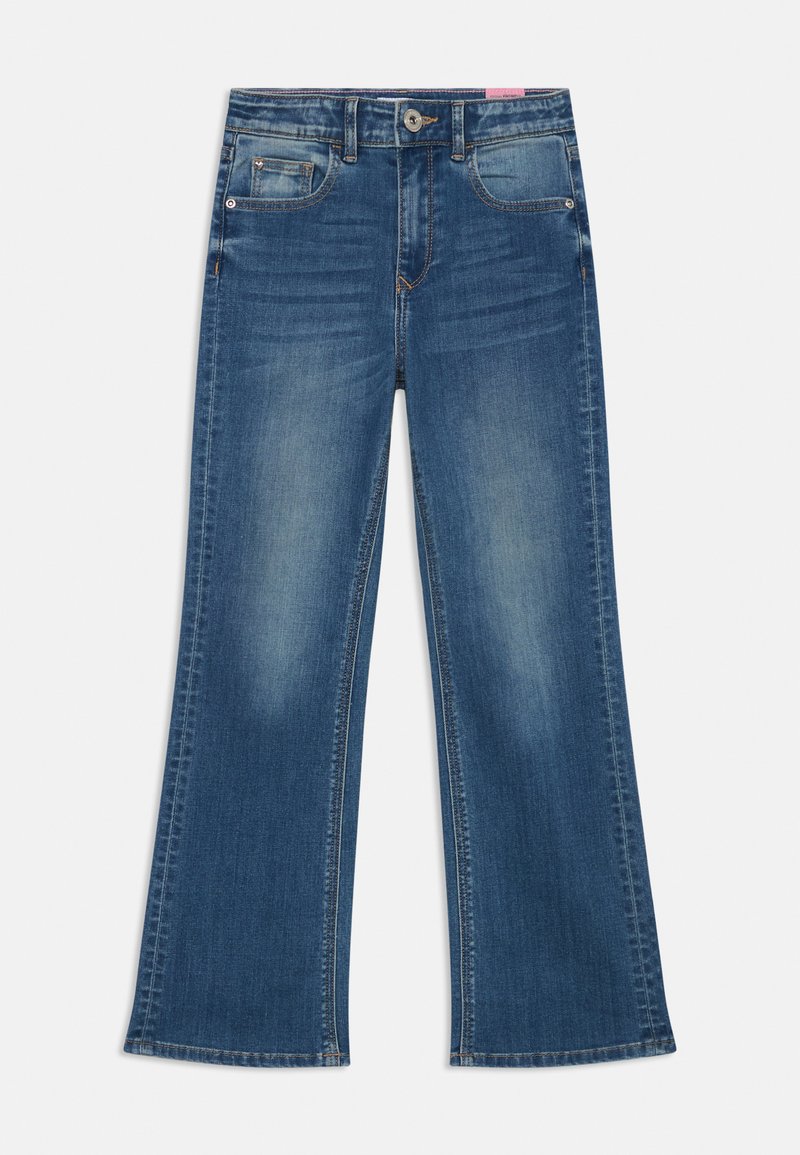 Mēteņu denim flared džinsi vidēji zilā krāsā ar izbalējušu apdari, ar četriem kabatām, pogu aizdari un smalkiem izšūšanas akcentiem.