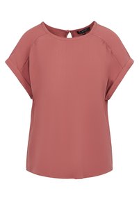 Rosa Bluse mit Rundhalsausschnitt, kurzen umgeschlagenen Ärmeln und einer Schlüsselloch-Detail hinten. Glattes Material und lockere Passform.