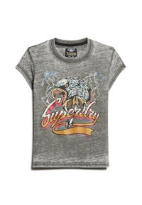 Šedé bavlněné tričko s grafikou orla se drápy. Design obsahuje motivy blesků a slovo "Superdry" v červené barvě na žluté stuze.