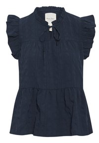 Marineblaues kurzärmliges Blusentop mit voluminösen Ärmeln, strukturiertem Stoff, rundem Ausschnitt und einer Bindeschleife vorne. Mit Peplum-Saum.