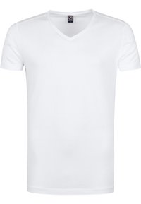 Witte korte mouw v-hals t-shirt van zacht katoen. Kenmerkt zich door een klassieke pasvorm zonder patronen of accenten. Eenvoudig en veelzijdig ontwerp.