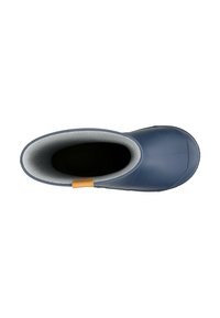 Kindermaat blauwe waterdichte regenlaars met grijze voering en een kleine tan trekband aan de achterkant, gezien van bovenaf.