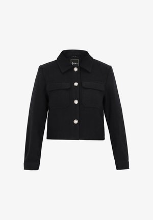 Črna skrajšana jakna iz gladkega materiala, z ovratnikom, dolgimi rokavi, dvema sprednjima žepoma in srebrnimi gumbnimi zapirali.