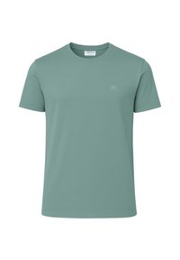 T-shirt met korte mouwen van gemuteerd groene katoenstof. Ronde halslijn, effen kleur, met een subtiel geborduurd logo op de borst.