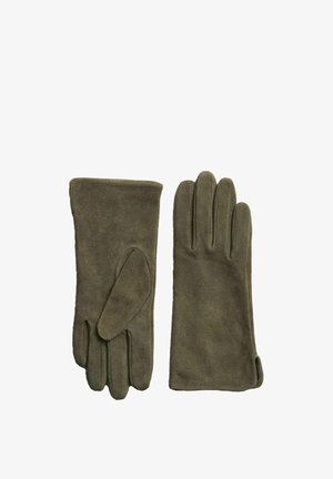 Guantes verde oliva hechos de un tejido suave, con un diseño elegante, cinco espacios para los dedos y una textura suave. El guante izquierdo tiene un corte único para el pulgar.