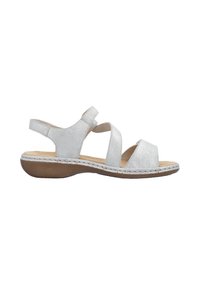 White suede sandal with an open toe design, adjustable strap, and soft cushioned insole. Contoured brown rubber outsole.