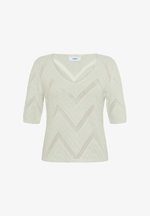 Gaišbeige adīts džempers ar īsām piedurknēm. Apraksts ietver ševronu rakstu un V veida kakla izgriezumu. Izgatavots no teksturēta, elpojoša auduma.