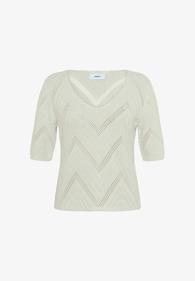 Svetle béžový pletený svetr s krátkým rukávem. Obsahuje vzor ve tvaru šipky a design s výstřihem do V. Vyroben z texturované, prodyšné látky.