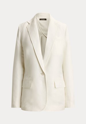 Kremowa, dopasowana marynarka z klapami z wycięciem, pojedynczym zapięciem na guzik, dwoma kieszeniami z klapkami oraz markową metką wewnątrz kołnierza.