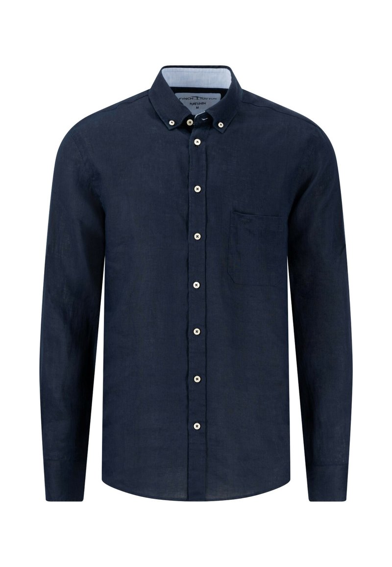 Camicia a maniche lunghe blu navy in tessuto di lino. Caratterizzata da colletto button-down, tasca frontale e bottoni bianchi. Texture liscia, vestibilità aderente.
