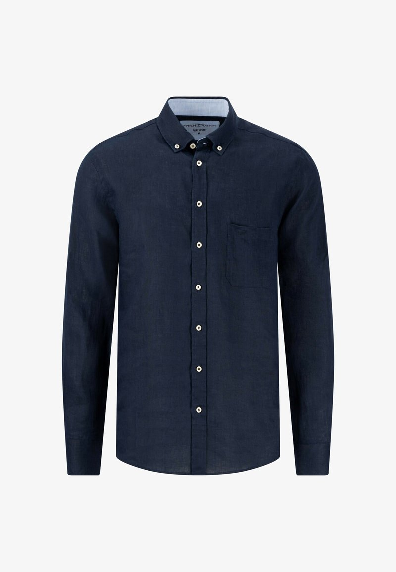 Camicia a maniche lunghe blu navy in tessuto di lino. Caratterizzata da colletto button-down, tasca frontale e bottoni bianchi. Texture liscia, vestibilità aderente.