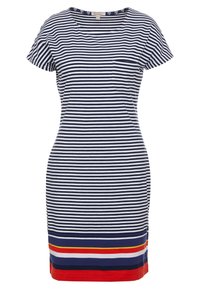 Gestreiftes Kleid mit kurzen Ärmeln, marineblauen und weißen Streifen, rundem Ausschnitt, Tasche auf der Brust und bunten horizontalen Streifen am Saum.
