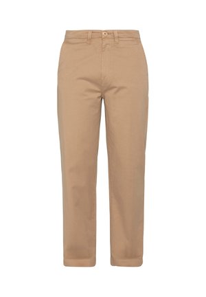Pantalon droit beige avec fermeture à bouton et zipper, passants pour ceinture et ourlets retroussés.