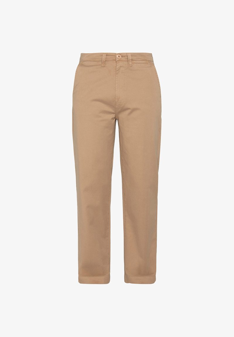 Pantalon droit beige avec fermeture à bouton et zipper, passants pour ceinture et ourlets retroussés.