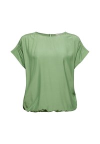Blouse légère vert clair à manches courtes avec encolure ronde et léger froncé à l'ourlet et aux épaules.