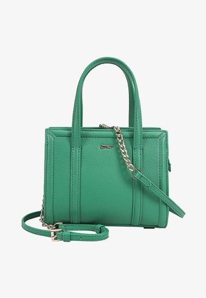 Groene leren handtas met dubbele handvatten, gouden kettinkdetail en verstelbare schouderriem, rechthoekig gestructureerd ontwerp.