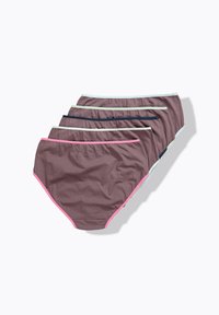 Vijf paar damesondergoed in tinten mauve en marineblauw met contrasterende elastische taillebanden in roze en lichtblauw. Zacht, rekbaar materiaal.
