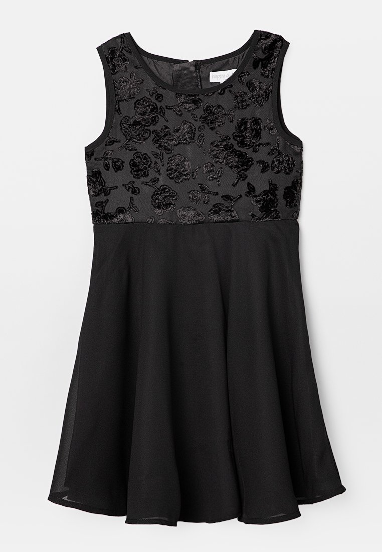 Schwarzes ärmelloses Kleid mit einem strukturierten, floral bestickten Oberteil, fließendem Rock und verdecktem Reißverschluss hinten, aus leichtem Stoff gefertigt.