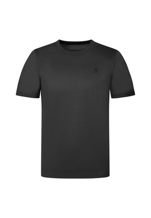 Schwarzes T-Shirt mit kurzen Ärmeln und Rundhalsausschnitt mit kleinem dunklem Logo auf der linken Brust, dargestellt auf weißem Hintergrund.