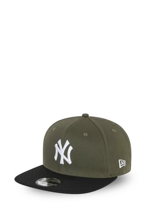 Olive green cap with a black visor, featuring a white embroidered NY logo on the front and a small white brand logo on the side.