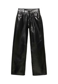 Mustat nahkahousut, leveälahkeinen malli, sileä pinta, etutaskut ja metalliset yksityiskohdat, joissa on nappisuljenta.