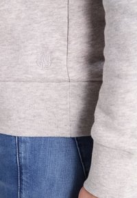 Felpa grigia chiaro con polsini e orlo a coste. Presenta un logo ricamato discreto sul lato. Abbinata a jeans blu.