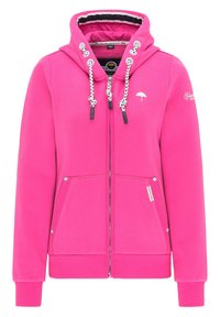 Růžová mikina na zip vyrobená z měkké tkaniny. Obsahuje kapuci se šňůrkou, dvě přední kapsy a malé logo s deštníkem na levé části hrudi.