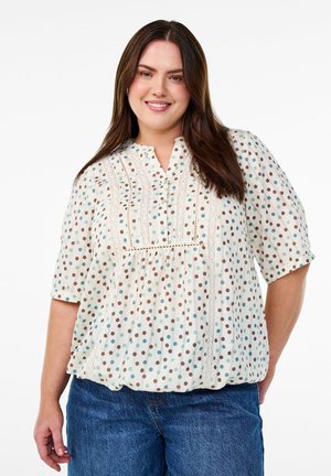 Witte blouse met korte mouwen, voorzien van multicolore stippen, een knoopsluiting en kantdetails langs de schouderpas, met een ontspannen pasvorm.