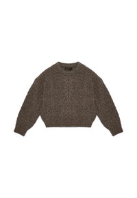 Pull en maille marron avec un design court, motif de c�âble et poignets côtelés. Présente un col rond et une texture douce.