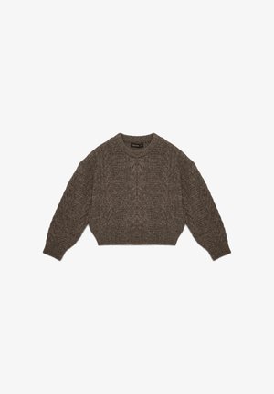 Brown knitted sweater with a cropped design, cable pattern, and ribbed cuffs. Features a round neckline and soft texture.