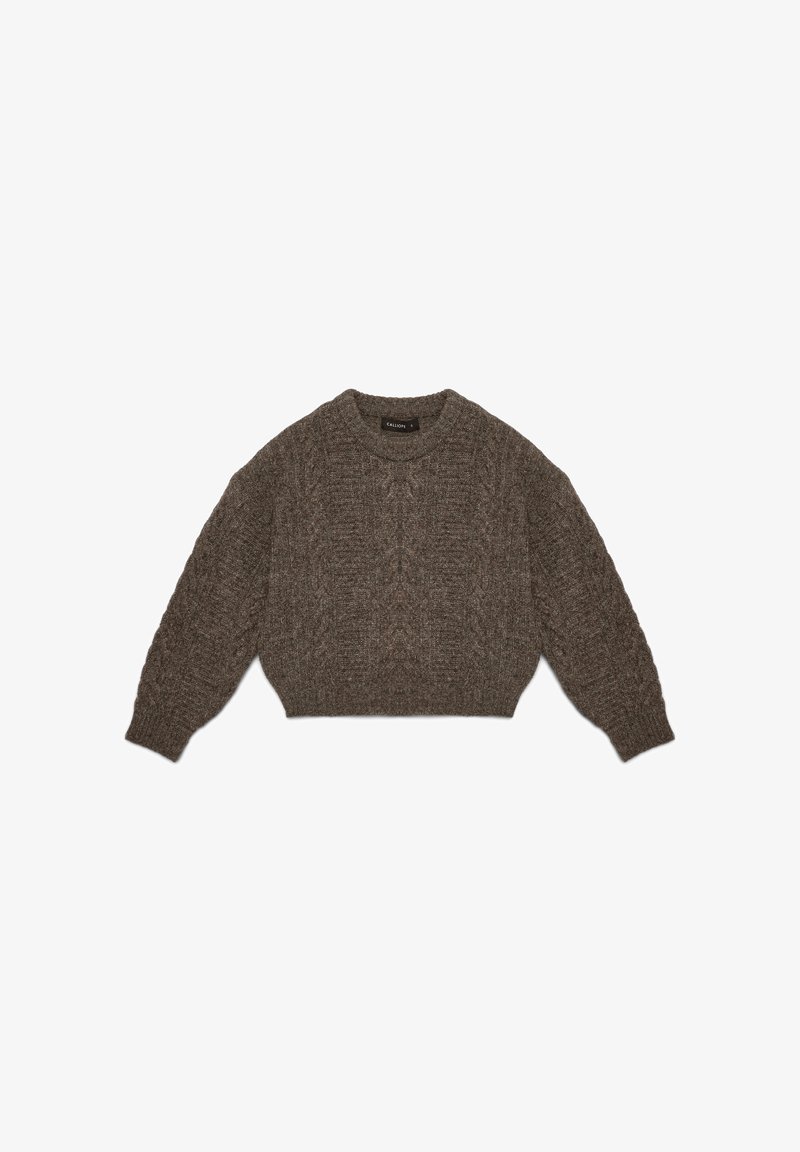Brauner Strickpullover mit einem cropped Design, Zopfmuster und gerippten Bündchen. Verfügt über einen runden Ausschnitt und eine weiche Textur.