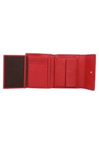 Portafoglio in pelle rossa con finitura testurizzata, dotato di diverse fessure per carte, un compartimento marrone scuro e una chiusura a pressione.