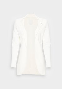 Blazer blanco a medida con mangas largas, que presenta un solo botón y una textura suave. Con frente abierto, tiene un diseño estructurado y no tiene forro visible.