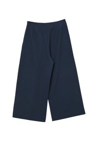 Pantaloni a gamba larga color navy realizzati in un tessuto testurizzato, con vita alta, pieghe frontali e una vestibilità rilassata. Design minimalista senza decorazioni.