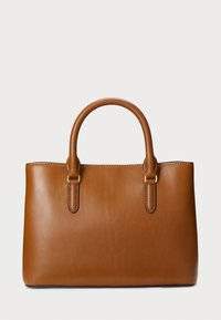 Brown leather handbag with a structured shape, two rounded handles, and gold-tone accents. Smooth texture with stitched detailing.