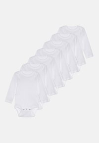 Set aus sechs weißen Langarm-Bodysuits aus weicher Baumwolle, mit Druckknopfverschlüssen am Boden und einem schlichten, ungeschmückten Design.