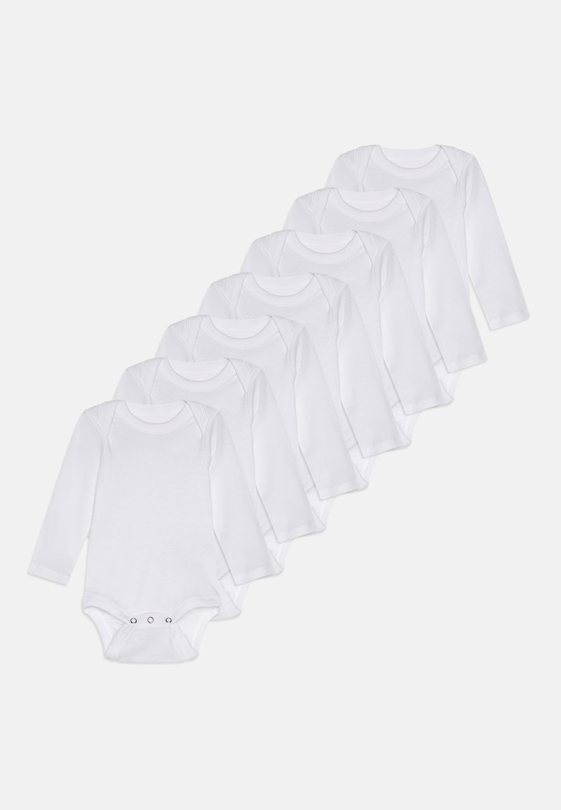 Set aus sechs weißen Langarm-Bodysuits aus weicher Baumwolle, mit Druckknopfverschlüssen am Boden und einem schlichten, ungeschmückten Design.