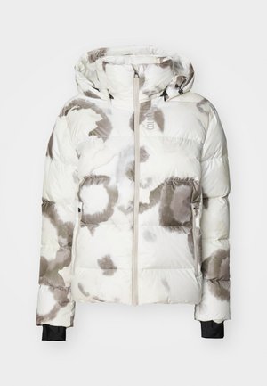 Puffer jacket in white with grey and brown abstract patterns. Features a hood, front zip, and elastic cuffs for a snug fit.