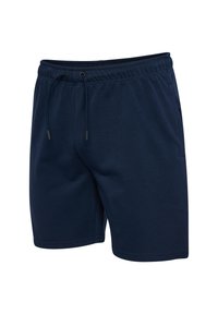 Navyblå casual shorts med elastisk talje og sorte snørebånd, lavet af blødt stof.