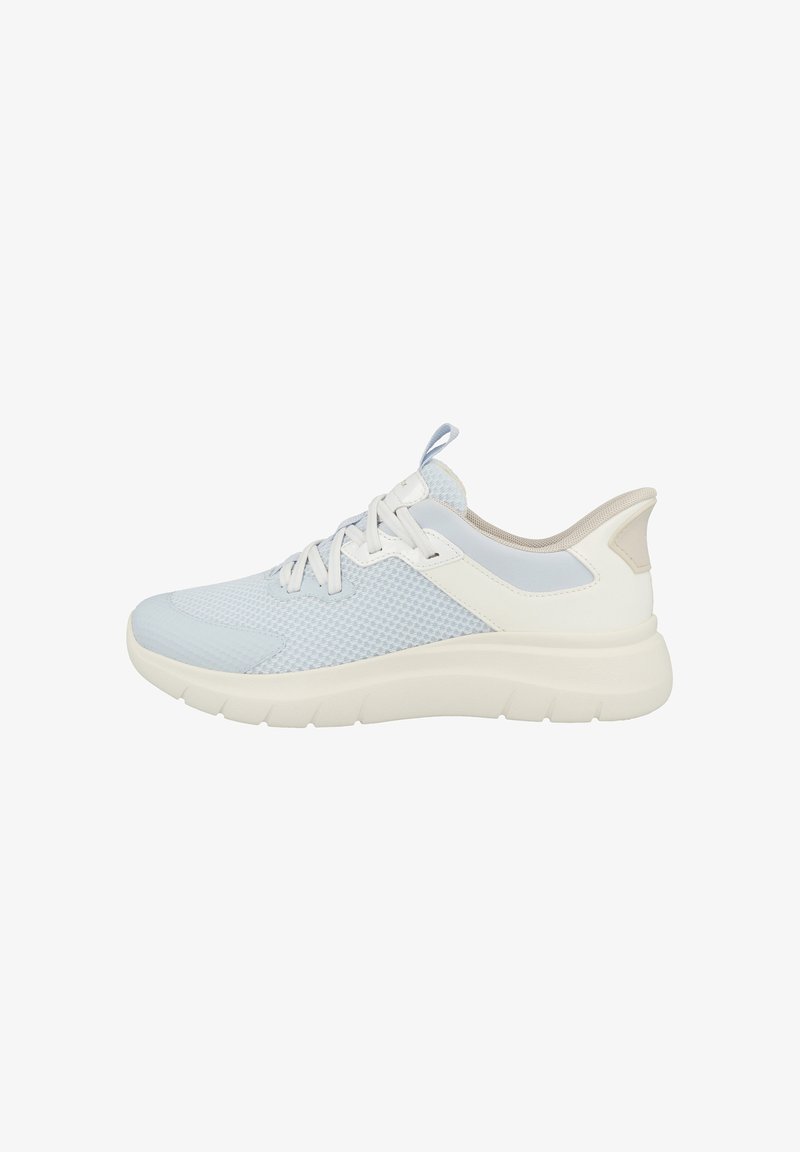 Light blue and white breathable mesh sneaker with lace-up front, cushioned sole, and pull tab on heel collar.