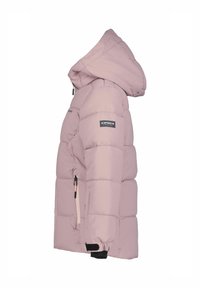 Lys lilla polstret vinterjakke med hætte, sidelommer med lynlås, justerbare håndledsremme og "ICEPEAK" branding på ærmet og brystet.