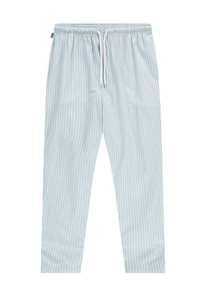 Light blue and white striped pajama pants with an elastic waistband, adjustable drawstring, and a relaxed fit. Smooth fabric texture.