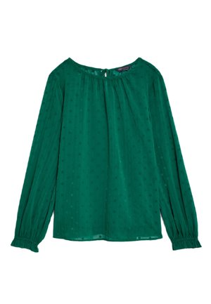 Groene blouse met lange mouwen van lichte stof, met een textuurontwerp met verhogingen, een geplooide halslijn en elastische manchetten.