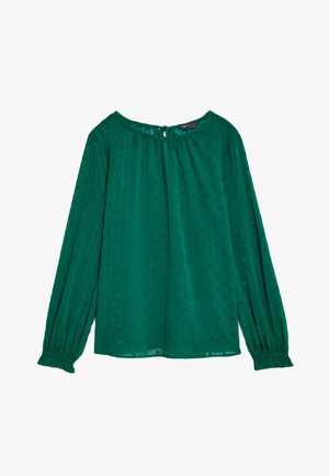 Zielona bluzka z długim rękawem wykonana z lekkiego materiału, charakteryzująca się teksturowanym wzorem z wypukłymi kropkami, marszczoną linią dekoltu i elastycznymi mankietami.