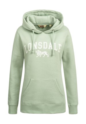 Mintgrüner Kapuzenpullover mit Front-Kängurutasche, Kordelzügen und weißen Schriftzug "LONSDALE" über einer Löwengrafik. Weiche Stofftextur.